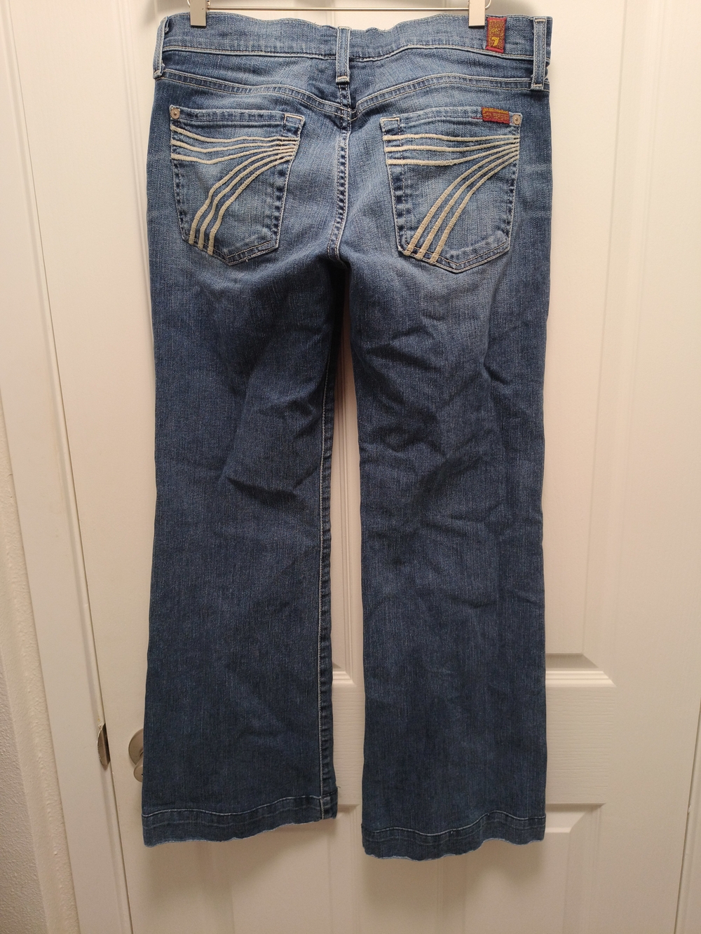 7 For All Mankind Blue Flare Jeans with Embroidered Back Pockets Dojo Wide Leg